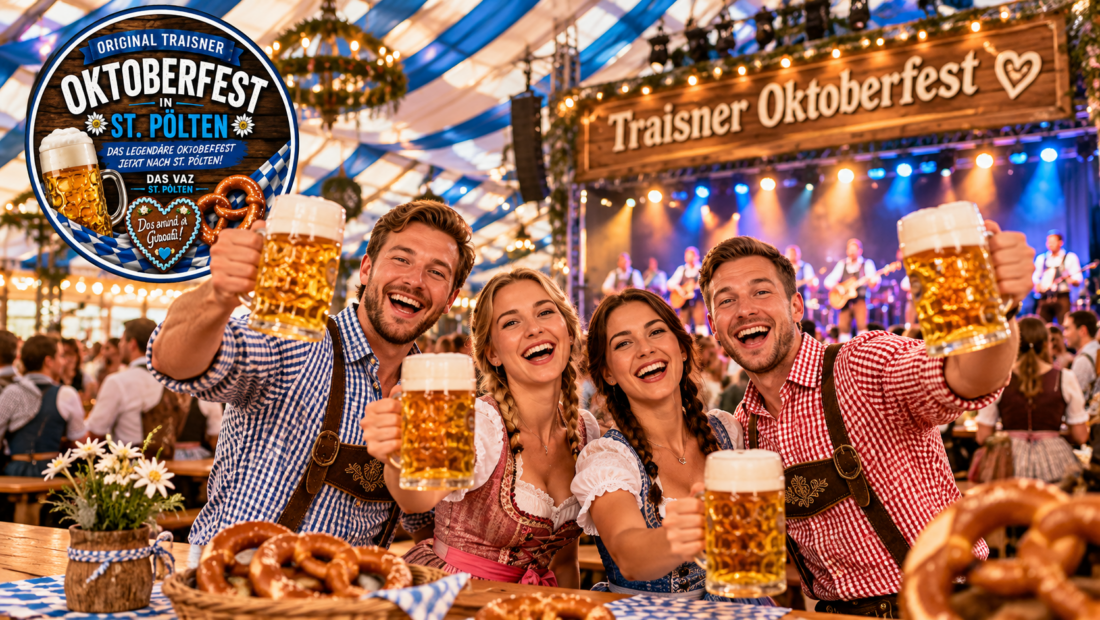 Symbolbild mit Gästen in Tracht beim Anstoßen im Festzelt des Traisner Oktoberfests in St. Pölten.