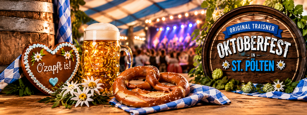 Symbolische Festzelt-Stimmung beim Traisner Oktoberfest mit Musik, Gästen und traditioneller Dekoration.