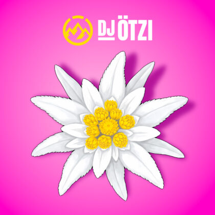 Cover der Single Edelweiss von DJ Ötzi mit einem weißen Edelweiß mit gelber Mitte vor pinkem Hintergrund und dem DJ-Ötzi-Logo