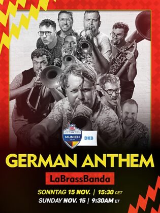 Grafik zum NFL Munich Game mit neun Musikern von LaBrassBanda in Schwarz-Weiß vor rot-gelbem Hintergrund und dem Schriftzug German Anthem