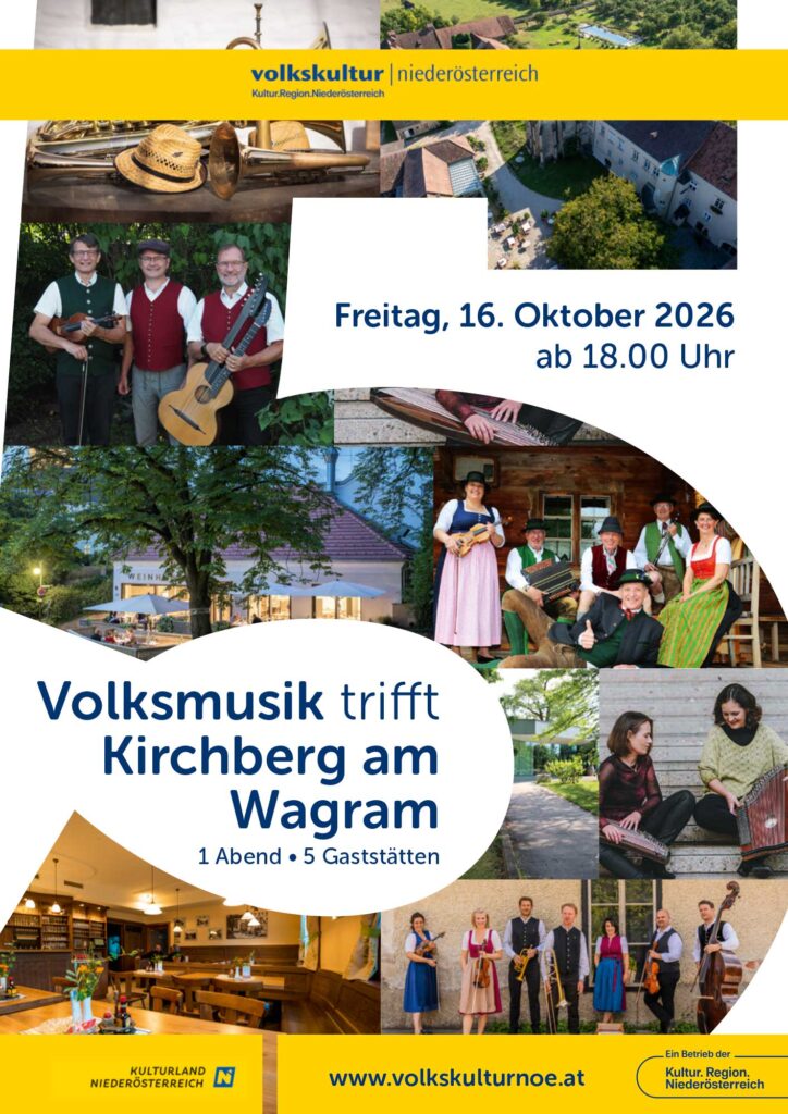 Flyer zu „Volksmusik trifft Kirchberg am Wagram“ am 16. Oktober 2026 mit fünf Gaststätten und Volksmusikgruppen