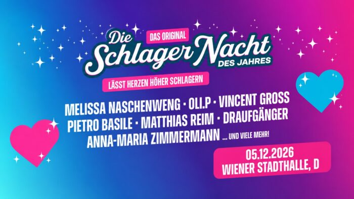 Veranstaltungsplakat zur Schlagernacht des Jahres 2026 am 5. Dezember in der Wiener Stadthalle mit den angekündigten Schlagerstars.