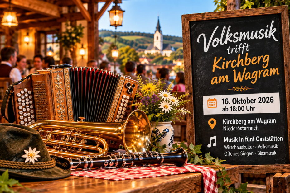 Symbolbild für Volksmusik trifft Kirchberg am Wagram am 16. Oktober 2026 mit Harmonika und Blasinstrumenten in einer gemütlichen Wirtshausatmosphäre.